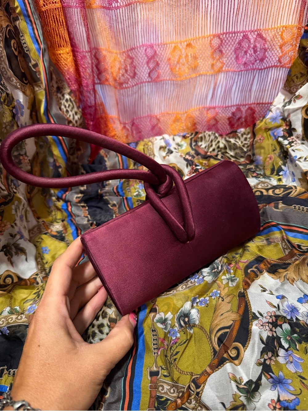 Satin Knot Handle Clutch - Burgundy